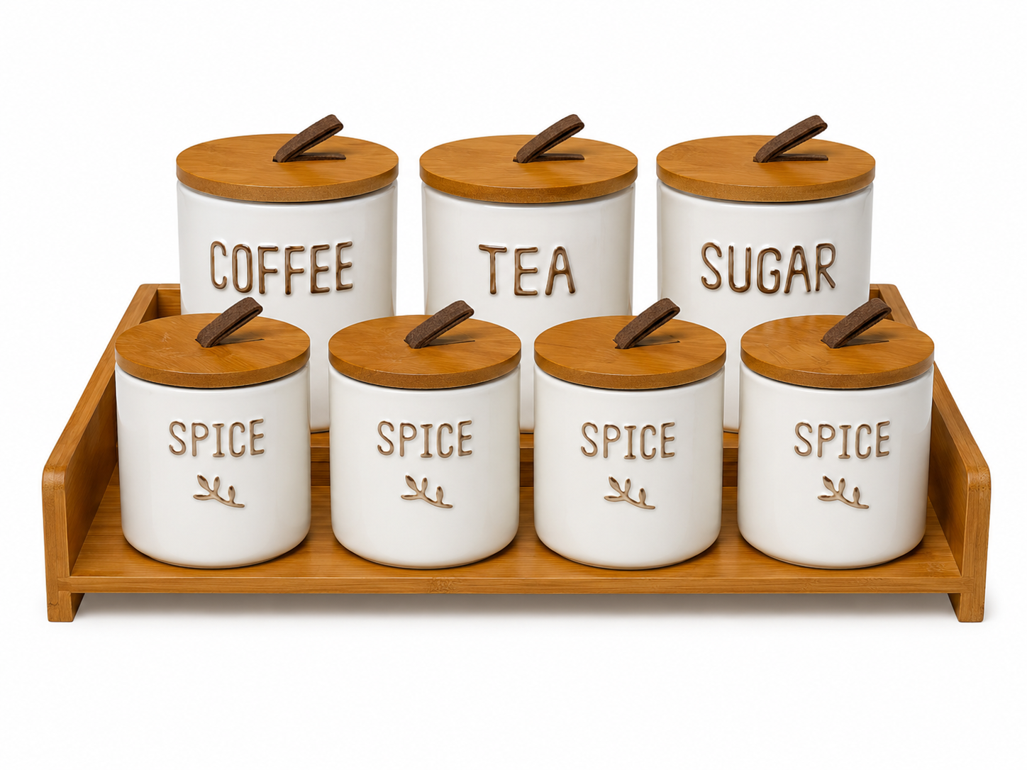 Ceramic Kitchen Canister Set with Bamboo Display Tray